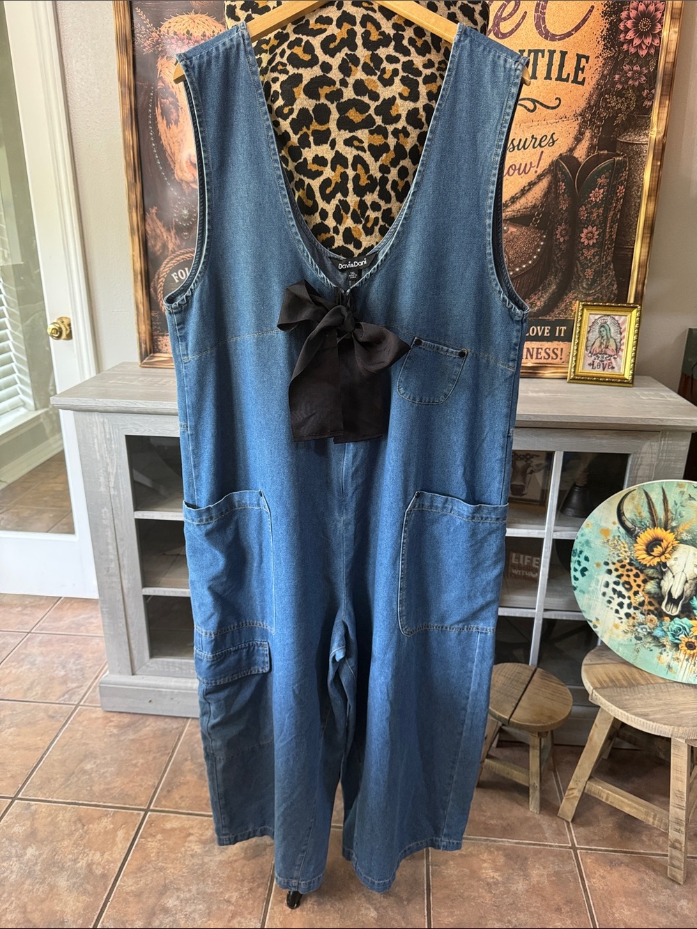Davi & Dani Denim Wide-Leg Jumpsuit with Front Pockets & Bow Siz 1XL